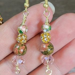 Handmade Unakite, Rhinestone & Pink Cloisonne Beaded Earrings 1 Pair Pierced
